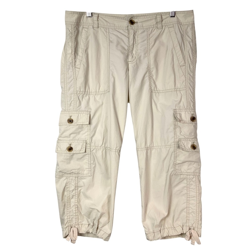 Ann Taylor Loft Beige Cargo Pants 8 Button Zip Mid Rise Cropped Drawstring Hem